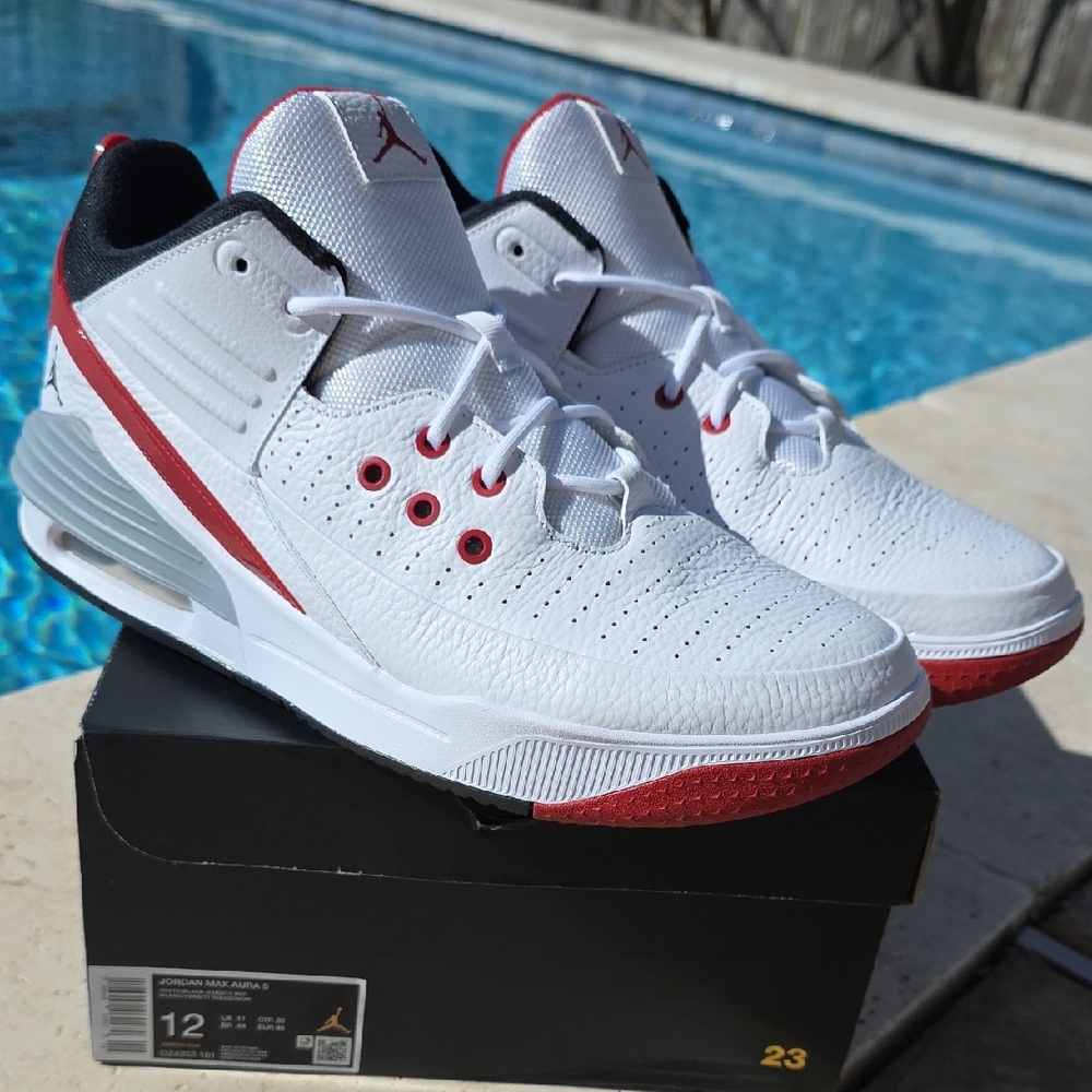 Jordan Max Aura 5 White and Red Athletic Sneakers